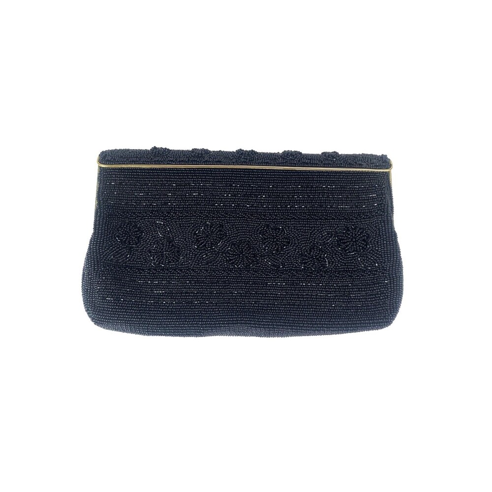 Vintage 1950s Black Beaded Evening Bag Clutch Hand Beaded Japan Floral Cocktail
